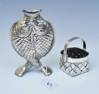 Cartier Sterling Silver Basket and Christoffel Silver Plated Fish Vase: Cartier basket, 3" high, weight 1.57 troy ounces TOGETHER WITH a Christoffel silver plated double fish vase, 5 1/2" high, both with maker's marks