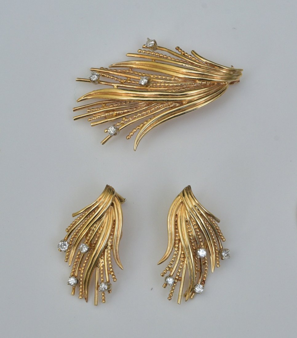 14k Gold Diamond Spray Brooch and Earring Set (1 of 2)
