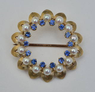 14k Gold Sapphire and Pearl Wreath Brooch: 1 1/4" diameter, weight is 4.4 dwt gross