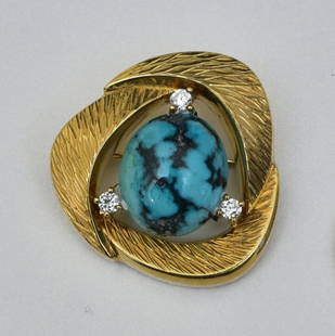 14k Gold Turquoise and Diamond Brooch: approximately 13 mm x 15 mm turquoise with three diamonds each approximately .10 ct, brooch is 1 1/4" diameter, weight is 5.1 dwt gross