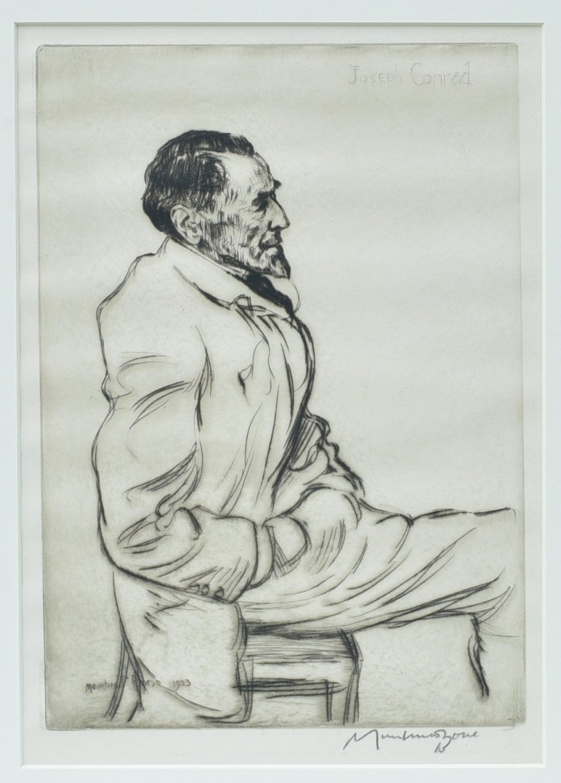 Muirhead Bone Etching: Muirhead Bone Etching Joseph Conrad Listening to Music, 1923 dry point etching, pencil signed lower right 9 3/4" x 7" sight, framed to 18"x14"