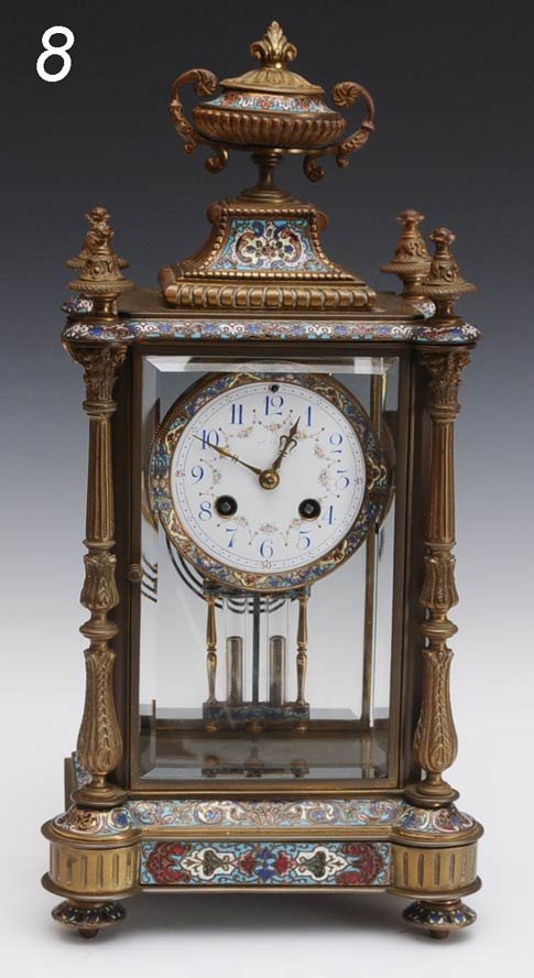 FRENCH CHAMPLEVE CRYSTAL REGULATOR with urn finial 1: FRENCH CHAMPLEVE CRYSTAL REGULATOR with urn finial 16" high, late 19th century Shipping Information: Shipping available within the Continenal USA (excludes insurance)$50