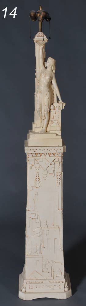 NORTHWEST TERRA COTTA COMPANY Art Deco Lamp and Ped: NORTHWEST TERRA COTTA COMPANY Art Deco Lamp and Pedestal lamp designed by Fritz Albert the pedestal by F. Moreau lamp 31 1/2" overall, pedestal 38" high, circa 1913 Shipping Information: Buyer is res