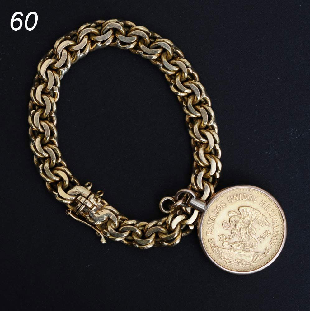 60 18K GOLD BRACELET WITH 1918 MEXICAN GOLD 20 PESO CO