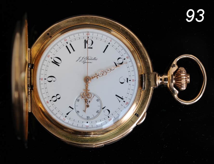 GUSTAVE BADOLLET 18K GOLD MINUTE REPEATER CHRONOGRA: GUSTAVE BADOLLET 18K GOLD MINUTE REPEATER CHRONOGRAPH POCKET WATCH Geneva, Switzerland 2 1/16" diameter case serial number 897XX with stylized "1892" verso Shipping Information: Shipping available wit