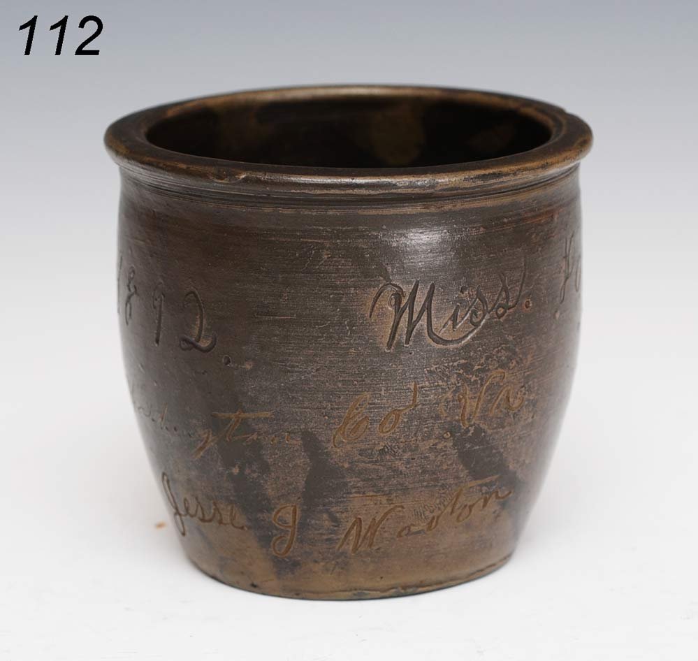 MINIATURE PRESENTATION CROCK by Jesse J. Wooton 3 : MINIATURE PRESENTATION CROCK by Jesse J. Wooton 3 3/4" high Shipping Information: Shipping available within the Continenal USA (excludes insurance)$25