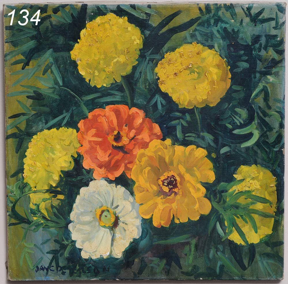 JANE PETERSON Zinnias 18" x 18" oil on canvas sign: JANE PETERSON Zinnias 18" x 18" oil on canvas signed lower left label verso Shipping Information: Shipping available within the Continenal USA (excludes insurance)$40