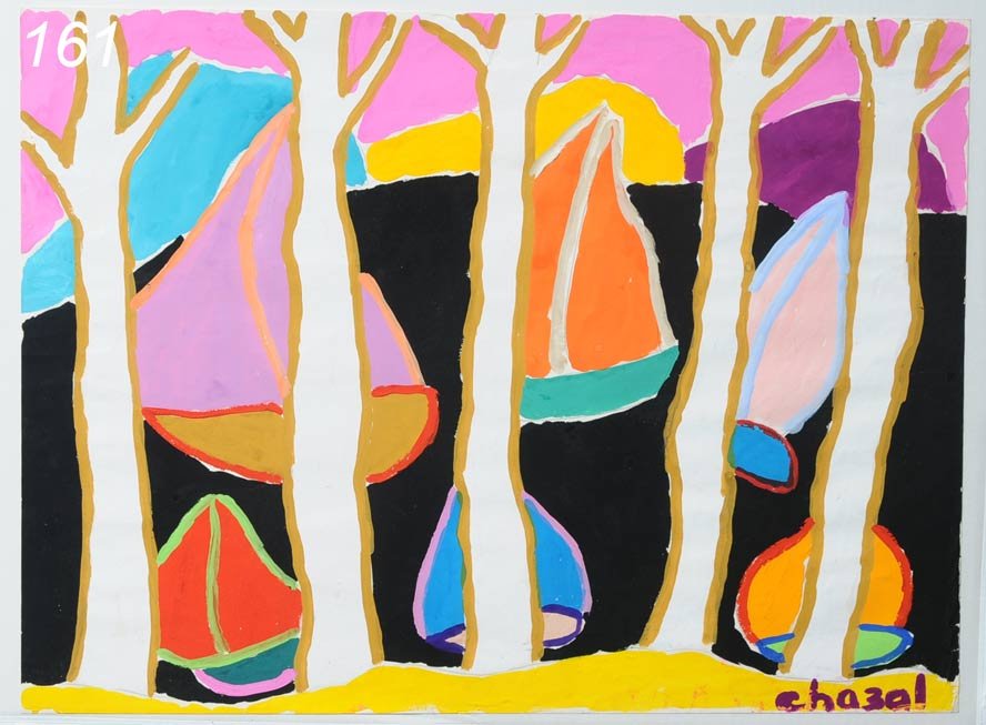 MALCOM CHAZAL Sail Boat Through the Trees 22 1/2": MALCOM CHAZAL Sail Boat Through the Trees 22 1/2" x 30 1/2" goache on paper, signed lower right unframed Shipping Information: Buyer is responsible for arranging 3rd party shipping