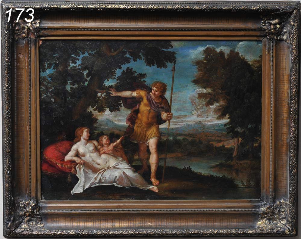 FRENCH OLD MASTER Venus and Adonis with Cupid oil: FRENCH OLD MASTER Venus and Adonis with Cupid, 18" x 24" oil on copper Shipping Information: Buyer is responsible for arranging 3rd party shipping