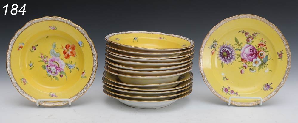 GROUP OF MEISSEN DINNERWARE floral painted, yellow: GROUP OF MEISSEN DINNERWARE floral painted, yellow ground six 9 1/2" plates and nine 9" soup bowls, 15 total all with cancellation marks circa 1900 Shipping Information: Shipping available within the 