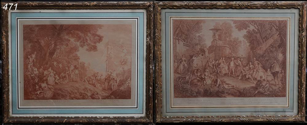 PAIR OF FRENCH ENGRAVINGS after Jean-Antoine Watte: PAIR OF FRENCH ENGRAVINGS after Jean-Antoine Watteau and Nicolas Lancret, 18th century each 16" x 24" Shipping Information: