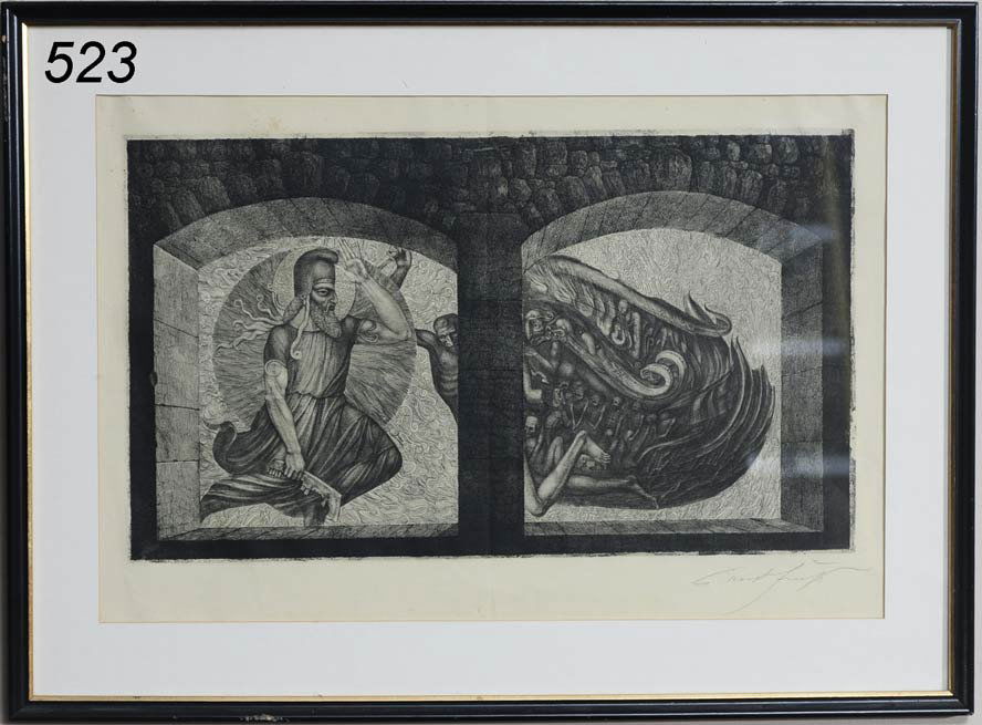ERNST FUCHS Sampson 12" x 20 1/2" etching pencil s: ERNST FUCHS Sampson 12" x 20 1/2" etching pencil signed lower right Shipping Information: Buyer is responsible for arranging 3rd party shipping