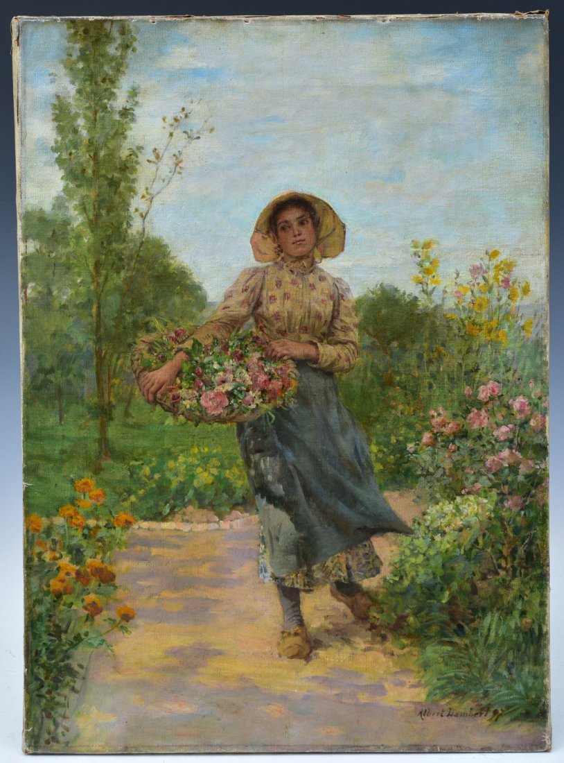 Albert Antoine Lambert (French, b. 1854), Girl with Flowers: Albert Antoine Lambert (French, b. 1854), Girl with Flowers 22"h x 16"w oil on canvas signed and dated lower right 1897 unframed SHIPPING AVAILABLE IN-HOUSE WITHIN THE CONTINENTAL U.S. FOR $60