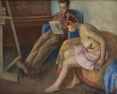 Moses Soyer, "In The Studio": Moses Soyer, "In The Studio" 16"x20" oil on canvas signed lower right, in a good period frame, retains Rabin and Krueger gallery label verso mid-20th century SHIPPING AVAILABLE IN-HOUSE WITHIN