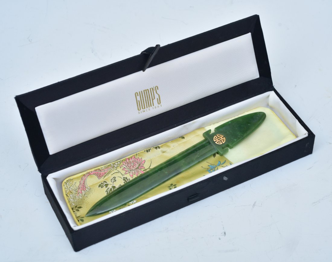 Gump's Chinese Jade Letter Opener: Gump's Chinese Jade Letter Opener with gold mount of Chinese symbol With Original Box and Sleeve 7" long late 20th century SHIPPING AVAILABLE IN-HOUSE WITHIN THE CONTINENTAL U.S. FOR $40