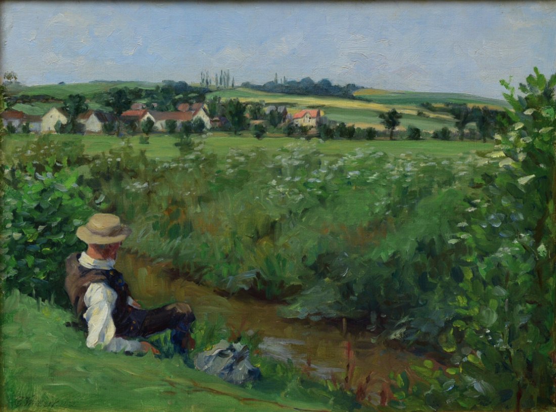 French School, Resting at the Riverbank: French School, Resting at the Riverbank 14"x18" oil on canvas signed indistinctly lower left SHIPPING AVAILABLE IN-HOUSE WITHIN THE CONTINENTAL U.S. FOR $40