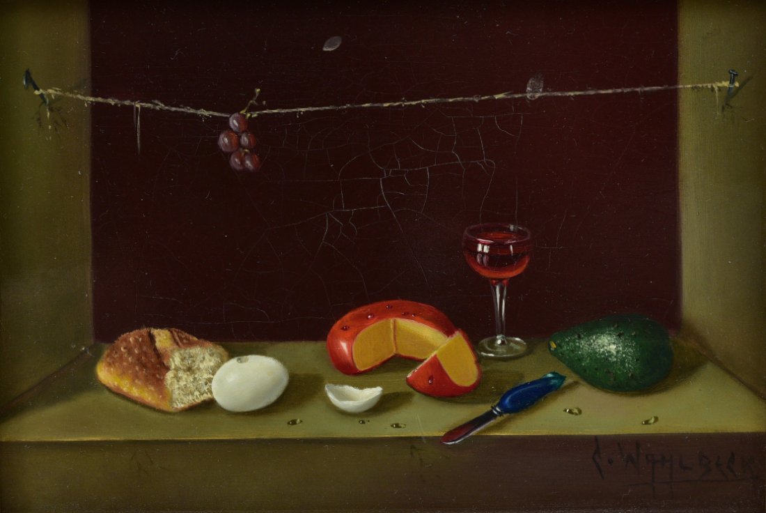 Carlo Wahlbeck (Born 1933) Still Life Trompe-l'oeil: Carlo Wahlbeck (Born 1933) Still Life Trompe-l'oeil Wine and Cheese 5"x7" oil on copper signed lower right with copyright stamp verso SHIPPING AVAILABLE IN-HOUSE WITHIN THE CONTINENTAL U.S. FOR $80