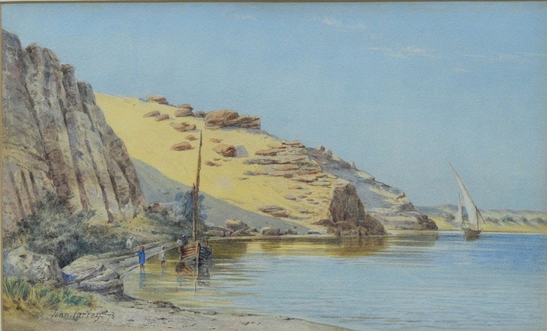 John Varley Jr. (1850-1933), "Aswan, The Nile River Bank," 1873: John Varley Jr. (1850-1933), "Aswa, The Nile River Bank," 1873 10"x17" watercolor on paper signed and dated lower left overall (with frame): 22"h x 27.5"w SHIPPING AVAILABLE IN-HOUSE WITHIN THE CONTIN