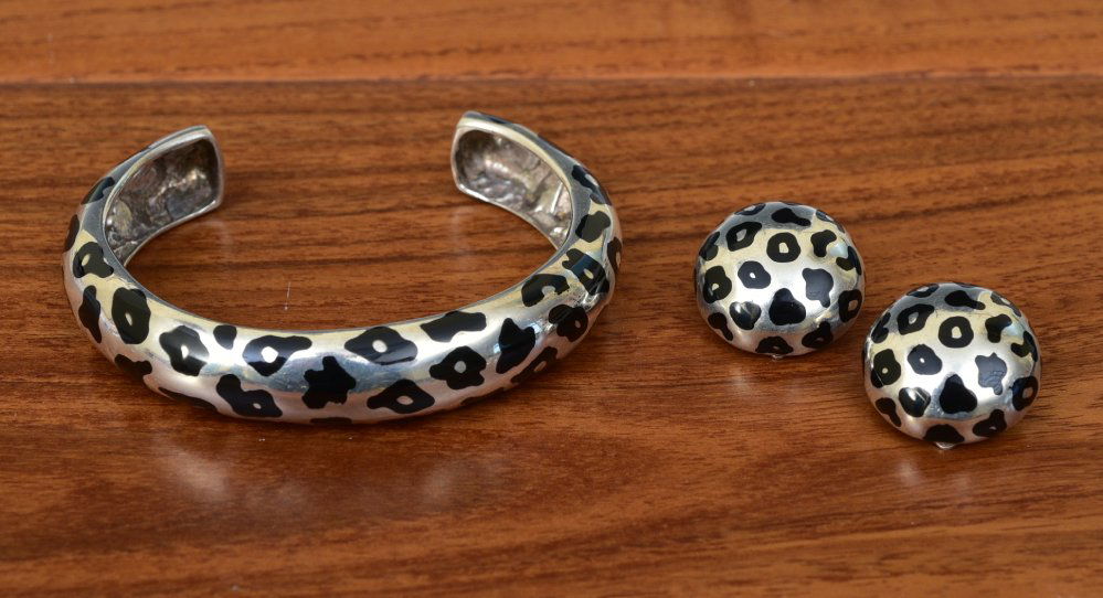 Italian Sterling Silver Leopard Print Cuff Bracelet and Earring Set (1 of 1)