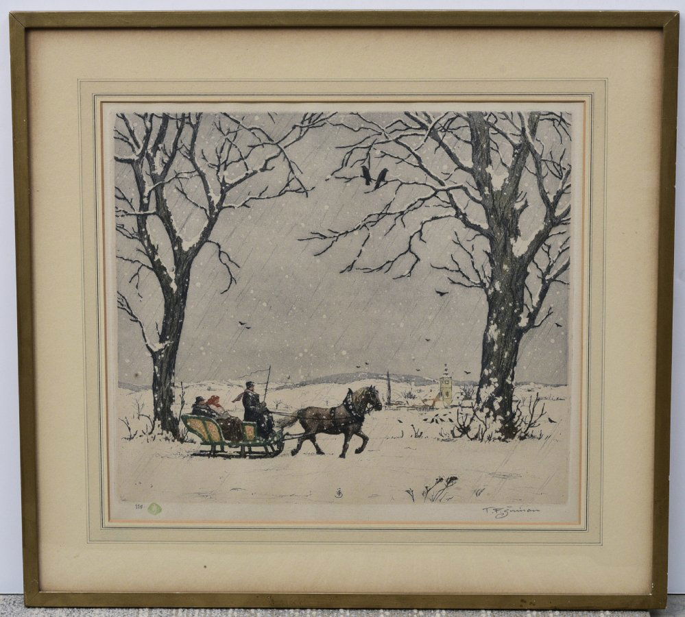 T.F. Simon (1877-1941), Aquatint, Sleigh Ride in Winter (1 of 2)