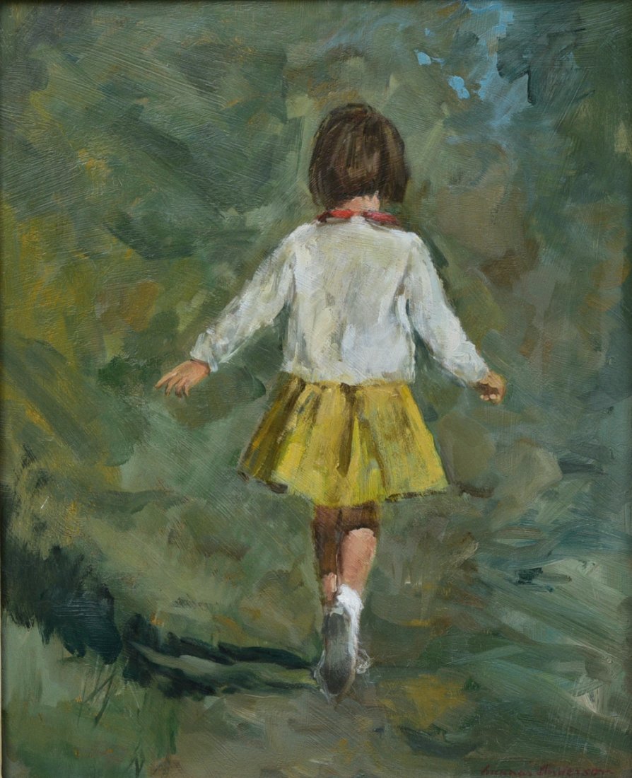 Gunner Anderson (born 1927), Girl Skipping Along: Gunner Anderson (born 1927), Girl Skipping Along 18"x22" oil on masonite, framed to 30"x26" signed lower right SHIPPING AVAILABLE IN-HOUSE WITHIN THE CONTINENTAL U.S. FOR $50