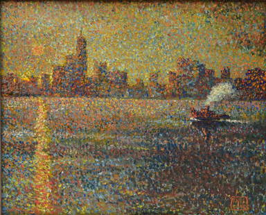 Roy Kneeland Oil, New York Harbor at Sunset: Roy C. Kneeland (American, 1891-1982), New York Harbor at Sunset 18"x23" oil on board signed lower right circa 1930