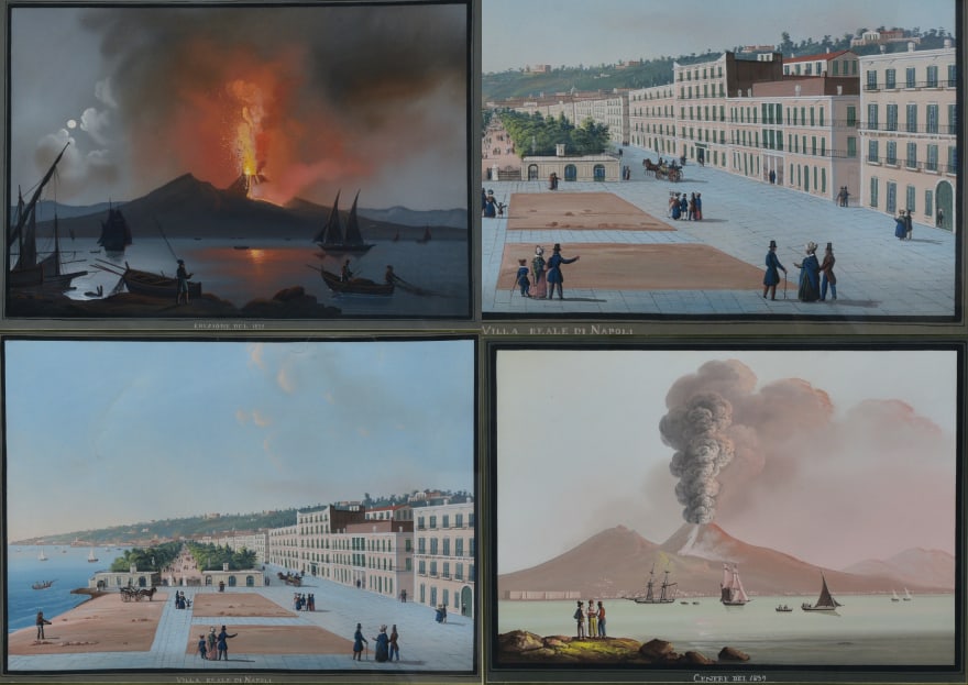 Set of Four Italian Gouaches including Mt. Vesuvius Erupting (1 of 11)