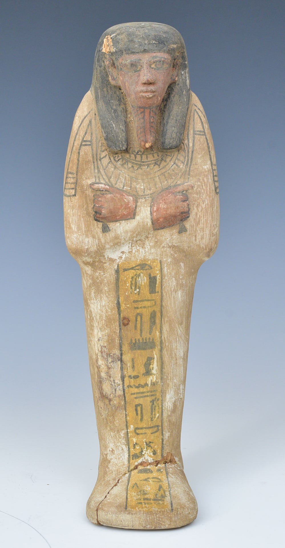 Egyptian Carved Wood and Polychromed Shabti: Egyptian Carved Wood and Polychromed Shabti 15 1/2" high repair to base