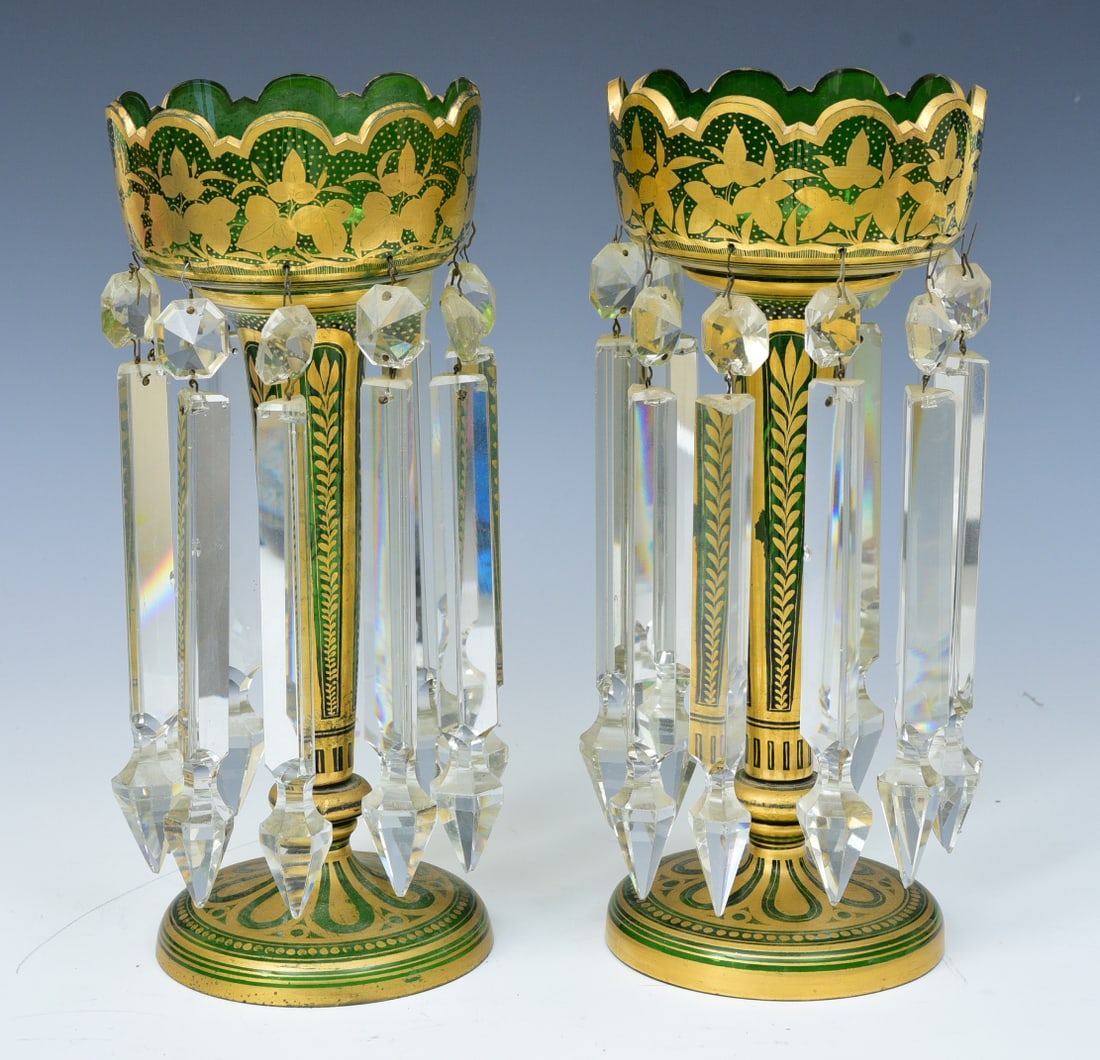 Pair of Bohemian Green Glass Garnitures with prisms (1 of 9)