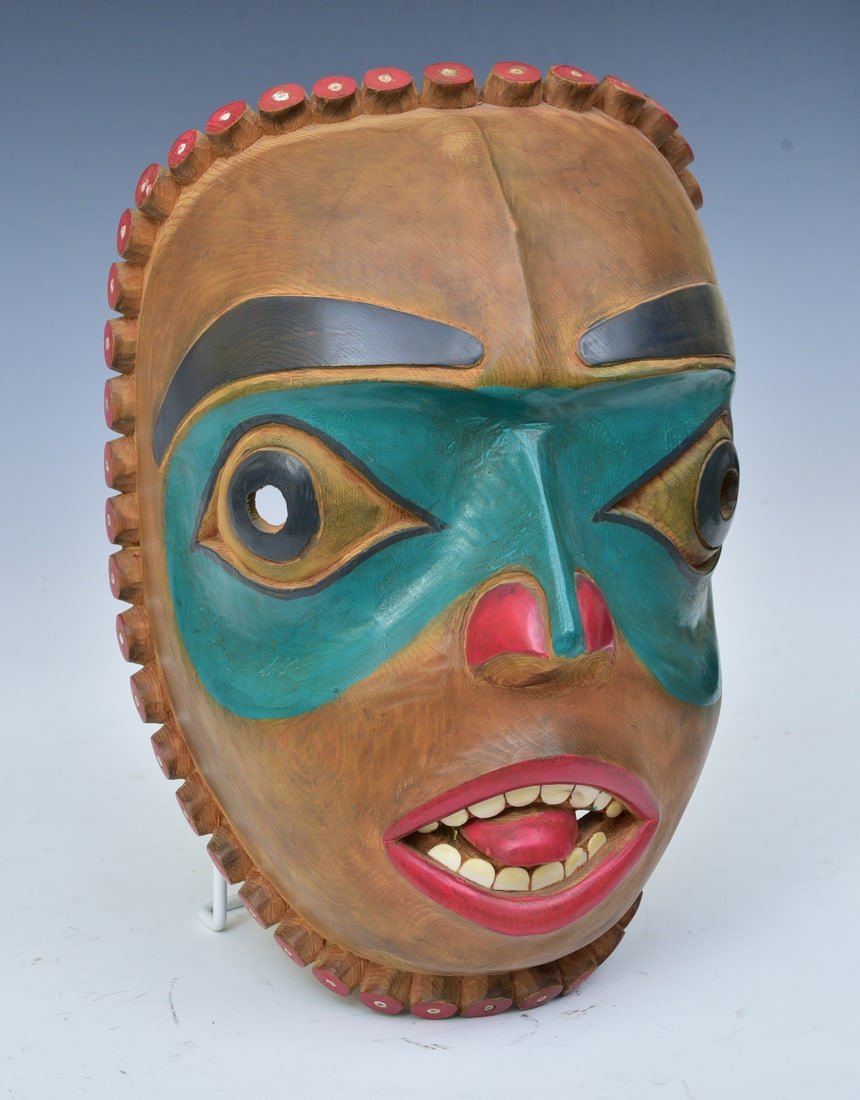 Northwest Coast Haida /Tlingit Carved and Polychromed Mask: Northwest Coast Haida /Tlingit Carved and Polychromed Mask with bone teeth 12" high, 8 1/2" wide, 6" deep unsigned late 20th century