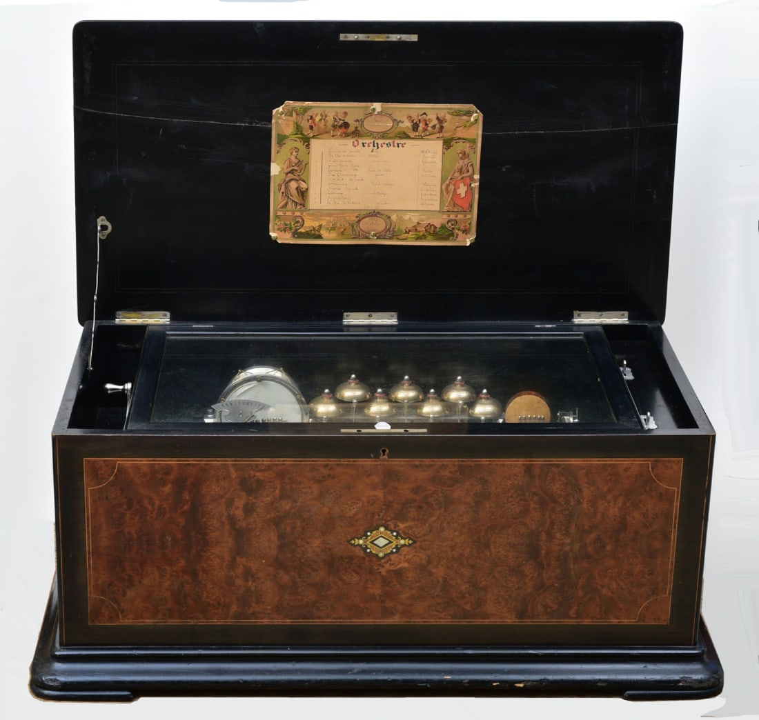Monumental Orchestral Swiss Cylinder Music Box: Monumental Orchestral Swiss Cylinder Music Box possibly by Bremond burled Carpathian elm case 36"x20"x15" with 12 tune 17 1/2" long, 3" diameter cylinder with 7 engraved bells, 23 note reed organ, dru