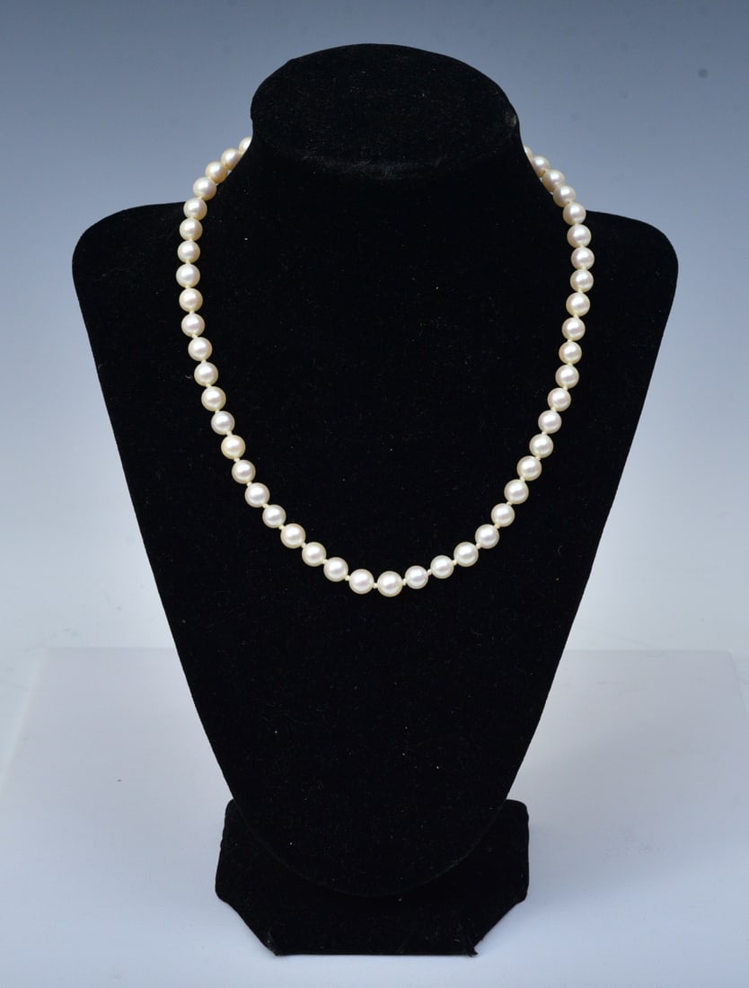 Mikimoto Cultured Pearl Necklace: Mikimoto Cultured Pearl Necklace7 mm pearls 16" long necklacesigned on the clasp