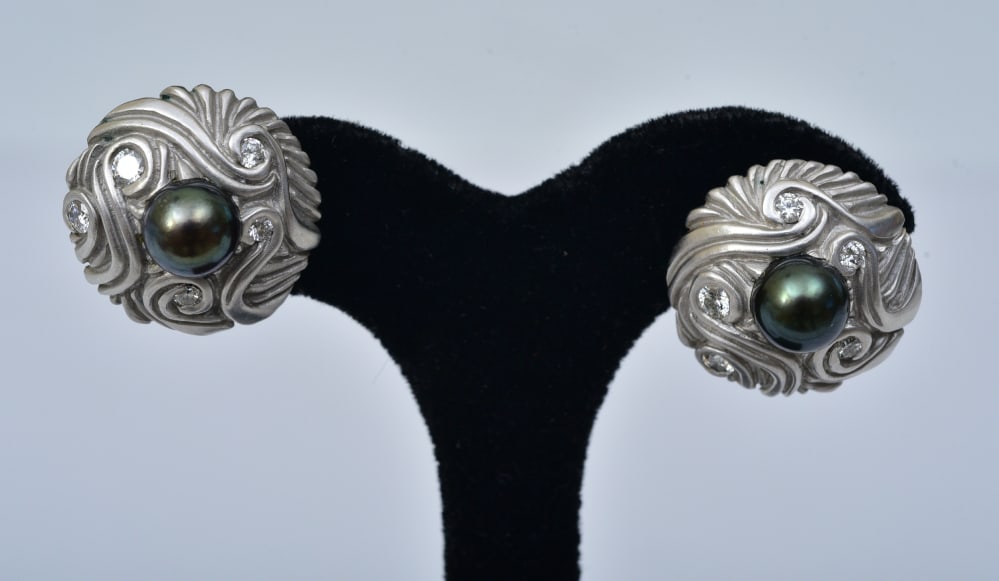 Two Pairs 14k Gold Pearl and Diamond Earrings (1 of 3)