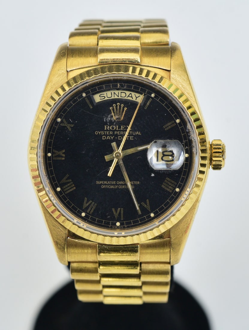 Rolex 18k Gold Oyster Perpetual Date/Date "Presidential" Wristwatch: Rolex 18k Gold Oyster Perpetual Date/Date "Presidential" Wristwatch with 18k Rolex bracelet 36mm case bracelet reduced a couple links, 7" overall circa 1980s