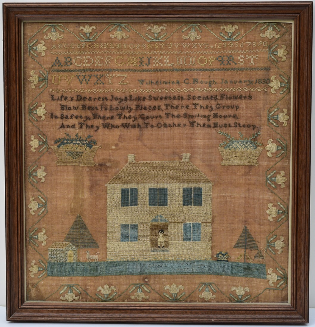 American Needlework Sampler, Wihelmina Hough, June 1830 (1 of 2)