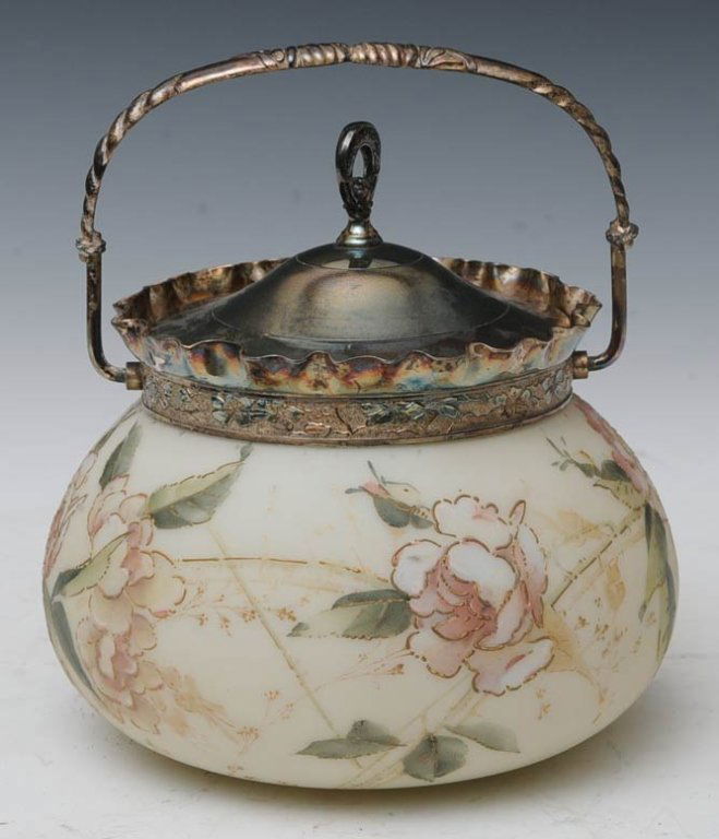 Mt. Washington Crown Milano Biscuit Jar: with ruffled silver-plated mount 7" diameter circa 1900 estimate 300/500 $30 Shipping available within the Continental USA . This amount excludes insurance which will be calculated based upon the sell