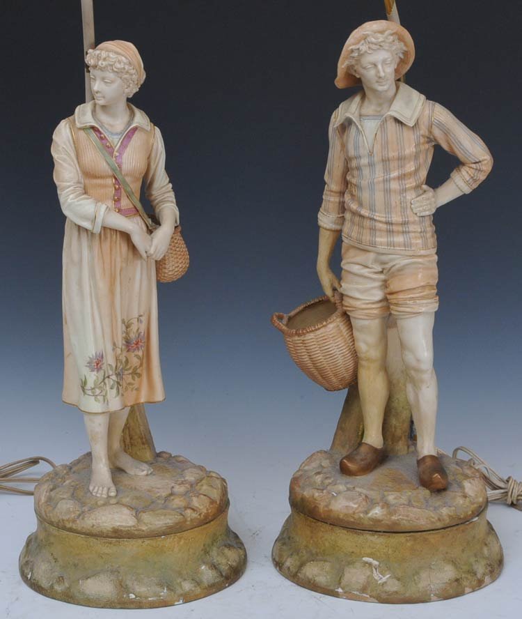 Pair of Royal Dux Figures: now mounted as lamps larger 17" high excluding fittings estimate 300/500