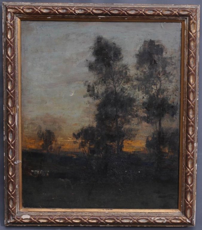 Continental School: Landscape at Sunset with Sheep, 26" X 22" oil on canvas signed lower left estimate 800/1200 Buyer is responsible for arranging 3rd party shipping.