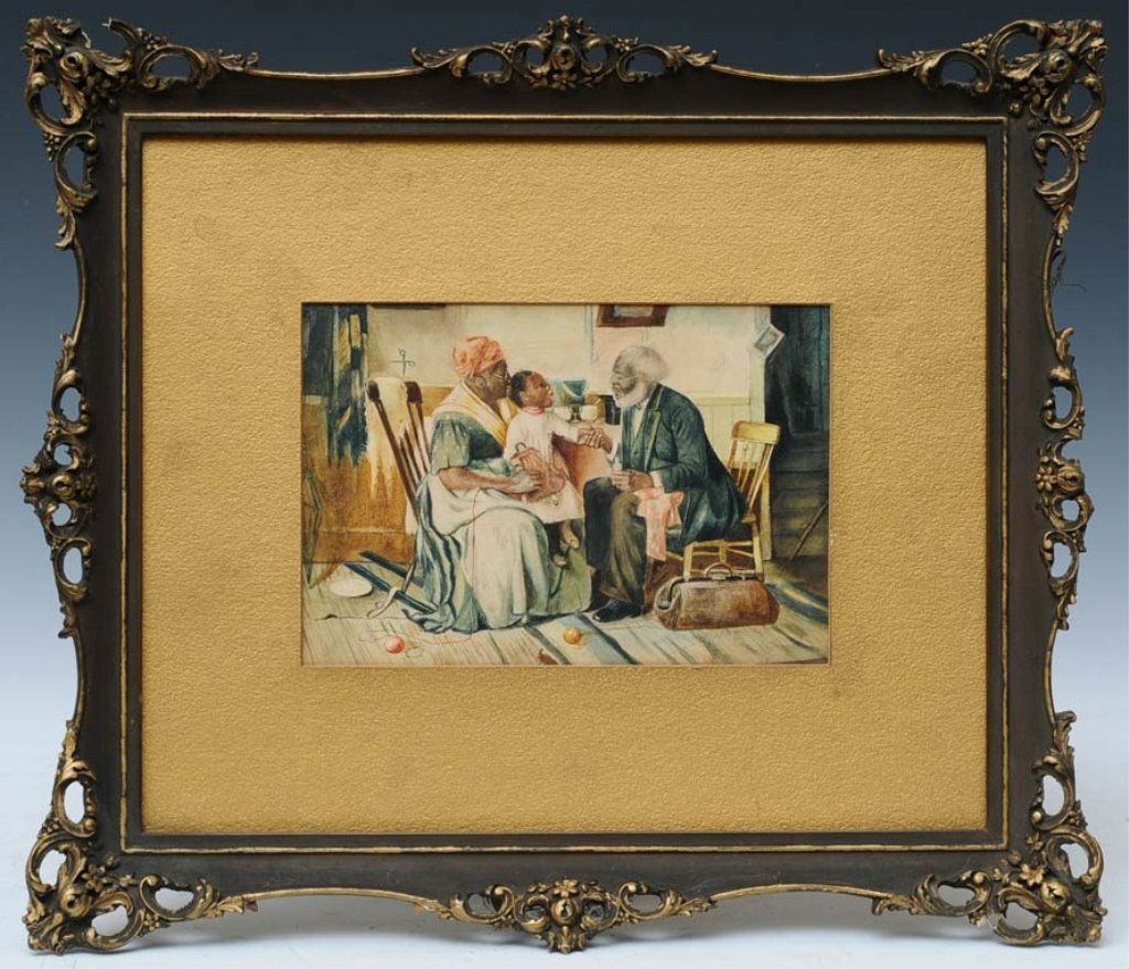 Attributed to Harry Roseland: Doctor's Visit, 5 3/8" x 8" watercolor unsigned circa1900 estimate 600/900 $40 Shipping available within the Continental USA . This amount excludes insurance which will be calculated based upon the se