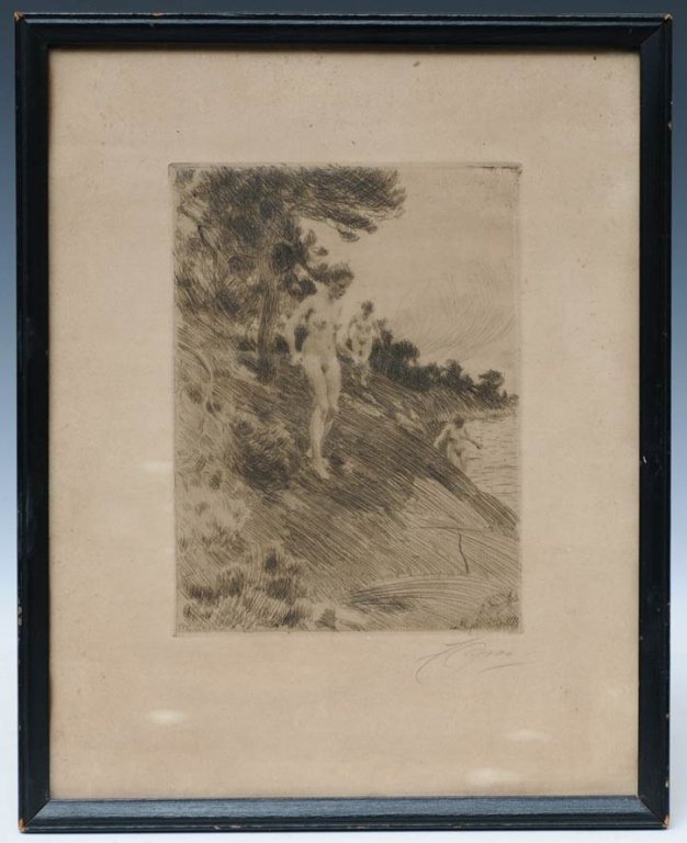 Anders Zorn: Standing Nudes at Water's Edge 7 1/2" x 5 5/8" etching on paper pencil signed lower right estimate 600/900 $40 Shipping available within the Continental USA . This amount excludes insurance which will