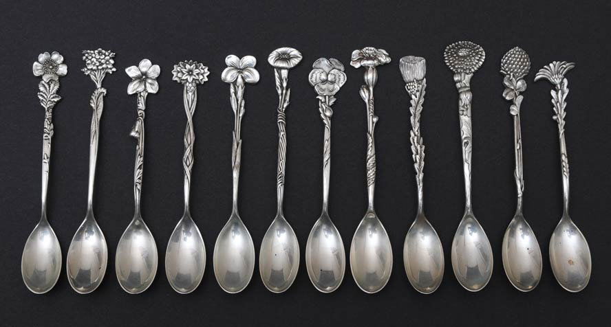 Set of 12 Demitasse Spoons: Tiffany Sterling each with a floral motif 4.3 troy ounces estimate 200/300 $20 Shipping available within the Continental USA . This amount excludes insurance which will be calculated based upon the se