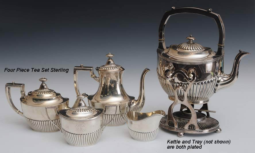 Whiting Four Piece Sterling Tea Set: Sheffield Pattern together with a similar silver plated kettle on stand and silver plated tray estimate 800/1200 $60 Shipping available within the Continental USA . This amount excludes insurance whic