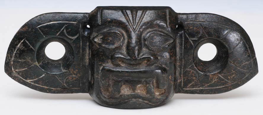 Pre-Colombian Gorget: carved dark green stone 6" wide estimate 300/500 $20 Shipping available within the Continental USA . This amount excludes insurance which will be calculated based upon the selling price. All Internati