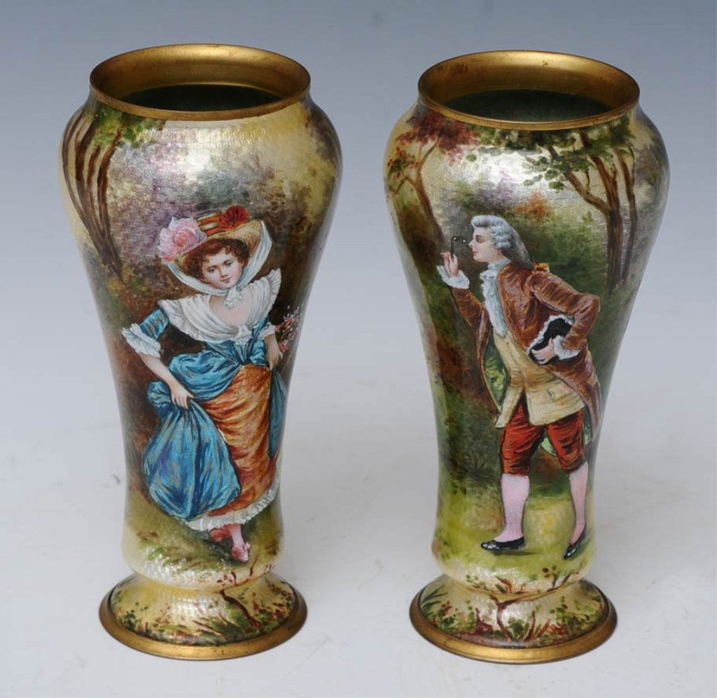 Pair of French Enameled Vases: depicting a man and a woman 5 1/2"high late 19th century estimate 600/900 $40 shipping available within the Continental USA . This amount excludes insurance which will be calculated based upon the sel