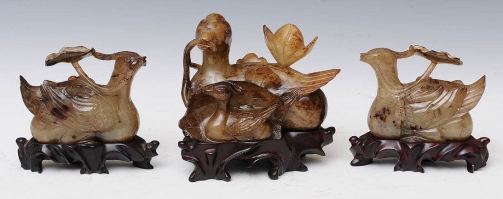 Chinese Carved Jade 3 piece Grouping: depicting ducks and duckling largest 5" long estimate 400/600 $30 Shipping available within the Continental USA . This amount excludes insurance which will be calculated based upon the selling price.