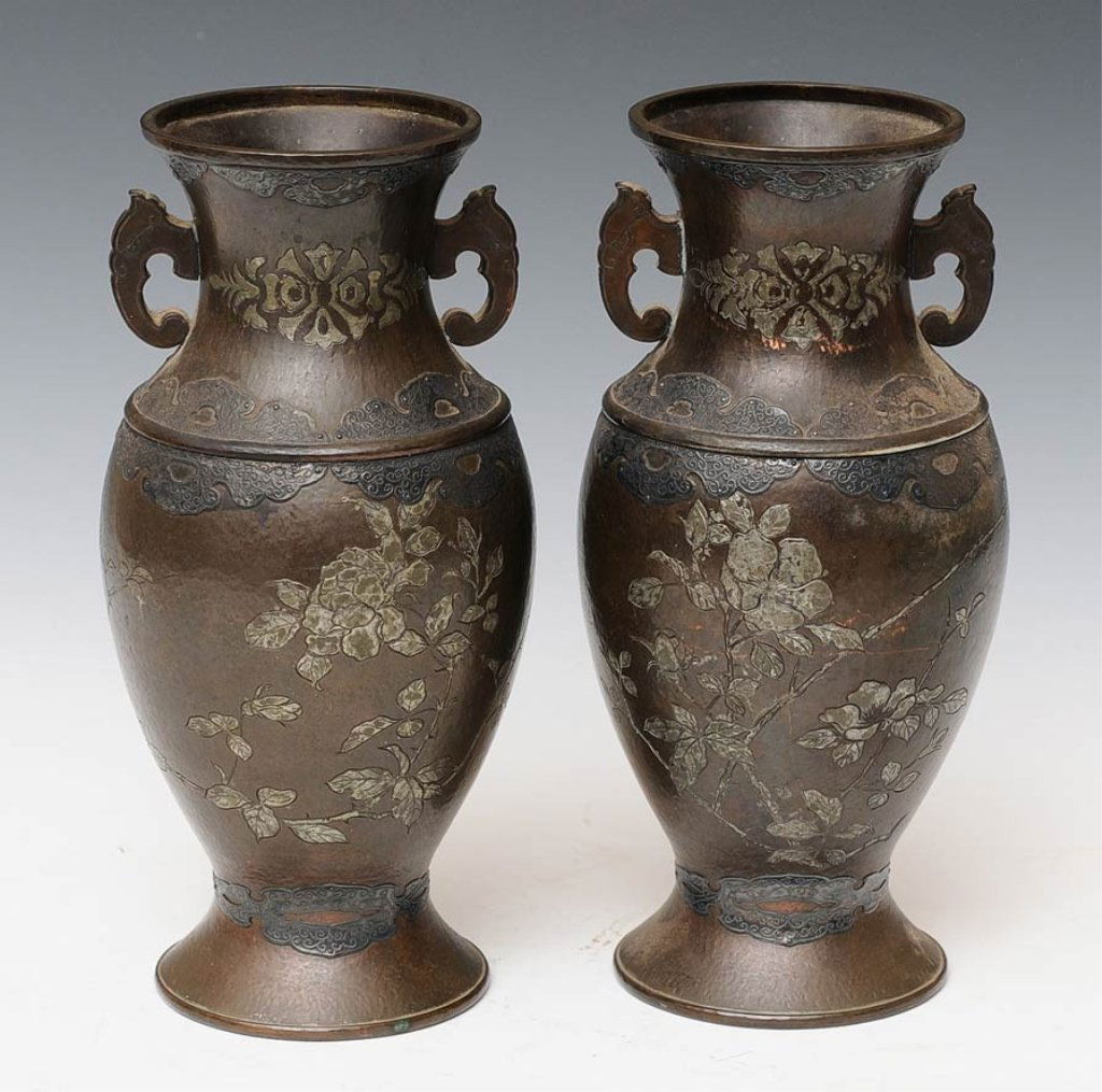 Japanese Copper Vases with Silver Overlay: 9 3/4" high late 19th century estimate 300/500 $40 Shipping available within the Continental USA . This amount excludes insurance which will be calculated based upon the selling price. All Internation