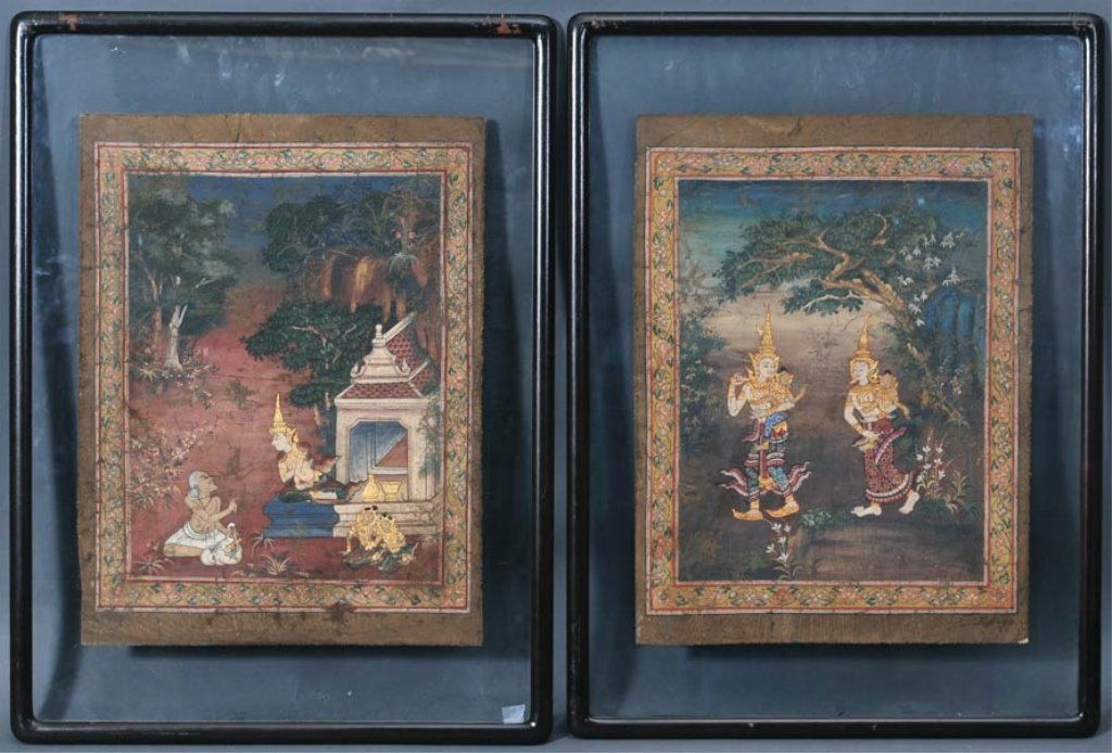 Pair of Thai Paintings: with floral borders each 22" x 17" tempura on canvas estimate 400/600 $60 Shipping available within the Continental USA . This amount excludes insurance which will be calculated based upon the selling
