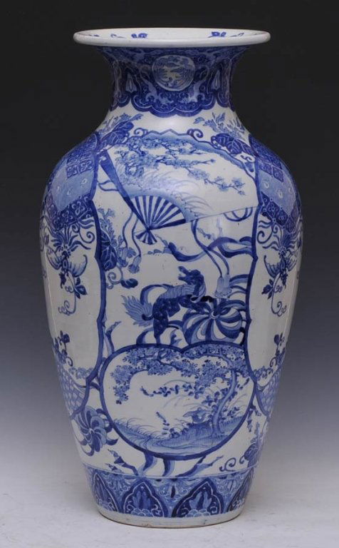 Japanese Blue and White Floor Vase: Meji period, 24" high estimate 400/600 $100 Shipping available within the Continental USA . This amount excludes insurance which will be calculated based upon the selling price. All International ship
