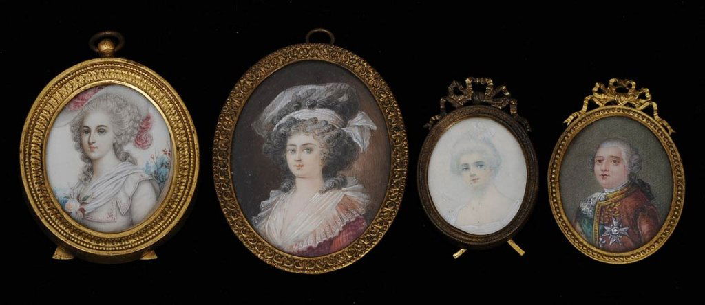 Group of 4 Portrait Miniatures: largest 3 1/4" x 2 1/2" 18th and 19th century estimate 500/750 $25 Shipping available within the Continental USA . This amount excludes insurance which will be calculated based upon the selling price.
