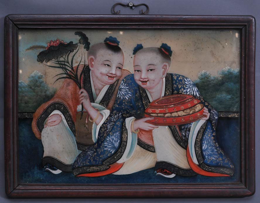 Chinese Reverse Painted Picture: Twins 14" x 20" late 19th century estimate 400/600 $55 Shipping available within the Continental USA . This amount excludes insurance which will be calculated based upon the selling price. All Interna